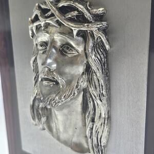 Vtg 12" Jesus Christ Wall Plaque 3D Silver-Tone Relief “Dios Bendiga Este Hogar”
